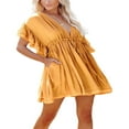 thumbnail image 3 of Robe Courte Décontractée à Boutons et Col en V pour Femmes avec Volants, Taille à Cordon, Robe de Plage avec Poche, 3 of 5