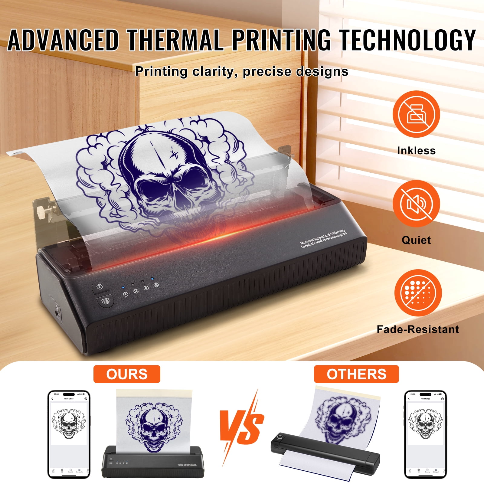 VEVOR Tattoo Stencil Printer, Wireless Bluetooth Tattoo Printer Transfer Stencil Machine with 10Pcs Transfer Paper, Compatible for iOS＆Android Phone, iPad＆PC (with Storage Bag)