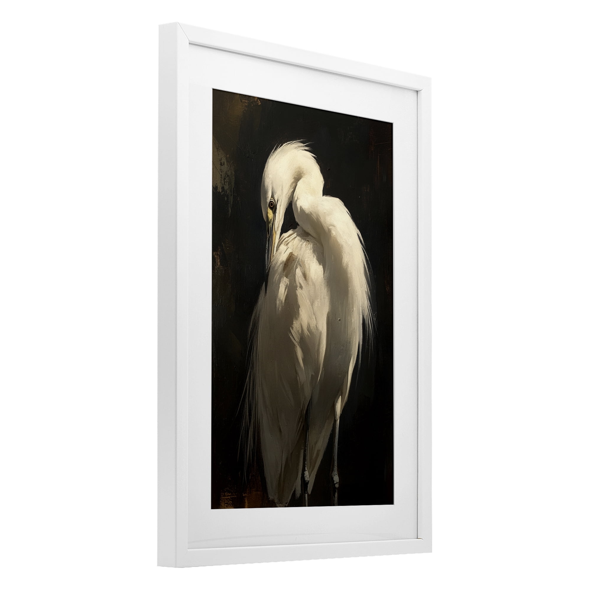Stupell Industries Feathered Egret in Soft Light White Framed Print Under Glass, design by Petal Prints Design