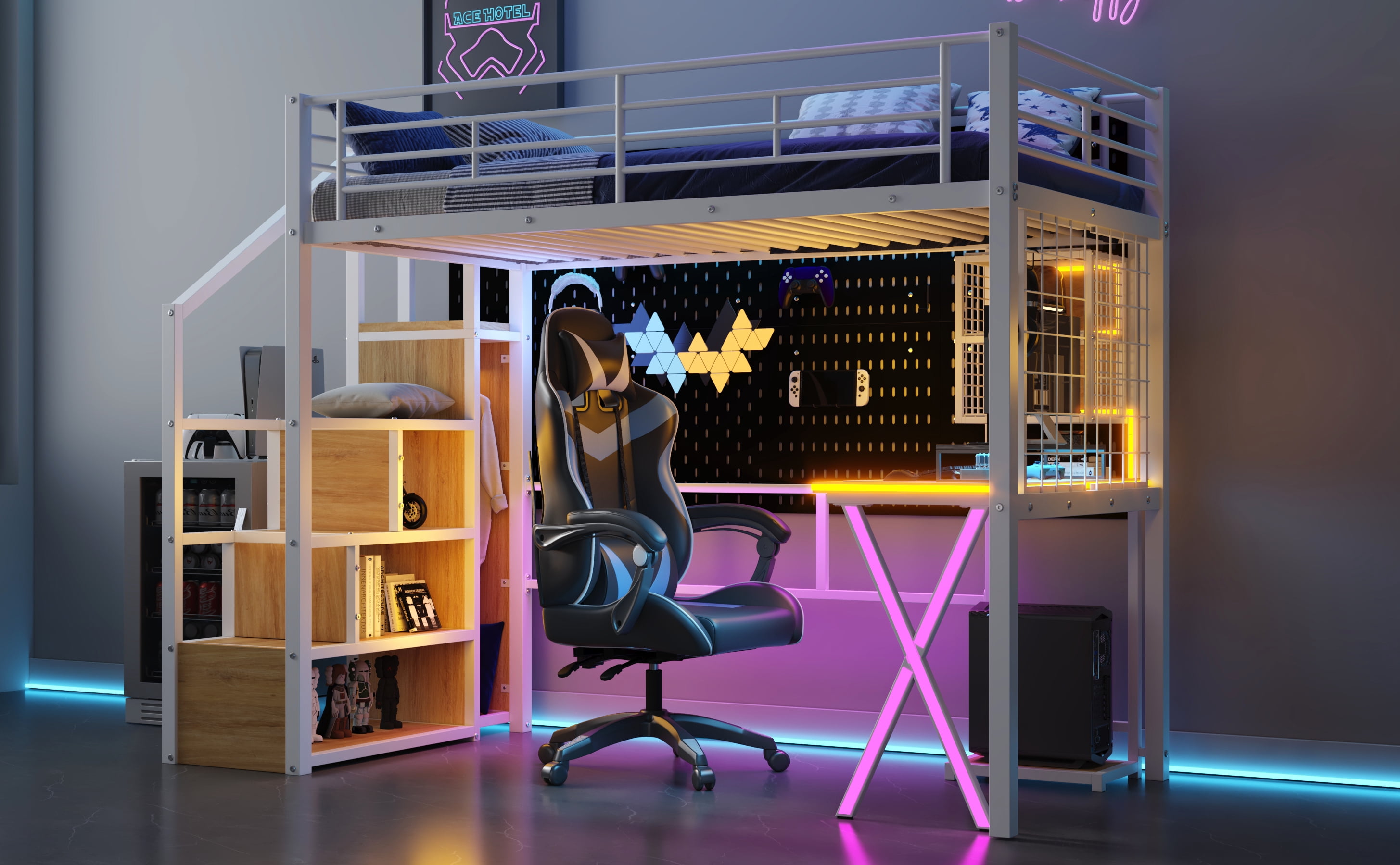 MAYEERTY Twin Size Metal Loft Bed - Built-in Work Station, Wardrobe, Storage Staircase & LED, White