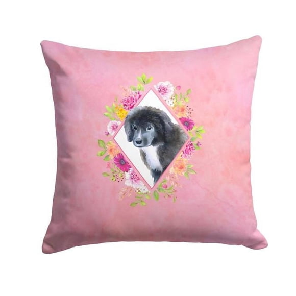 Carolines Treasures CK4164PW1414 14 x 3 x 14 in. Newfoundland Puppy Pink Flowers Fabric Decorative Pillow