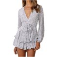 thumbnail image 1 of Monos de playa estampados para mujer con escote en V profundo y manga larga con nudo con volantes y dobladillo floral Fridja  fhjkhfk460288, 1 of 9