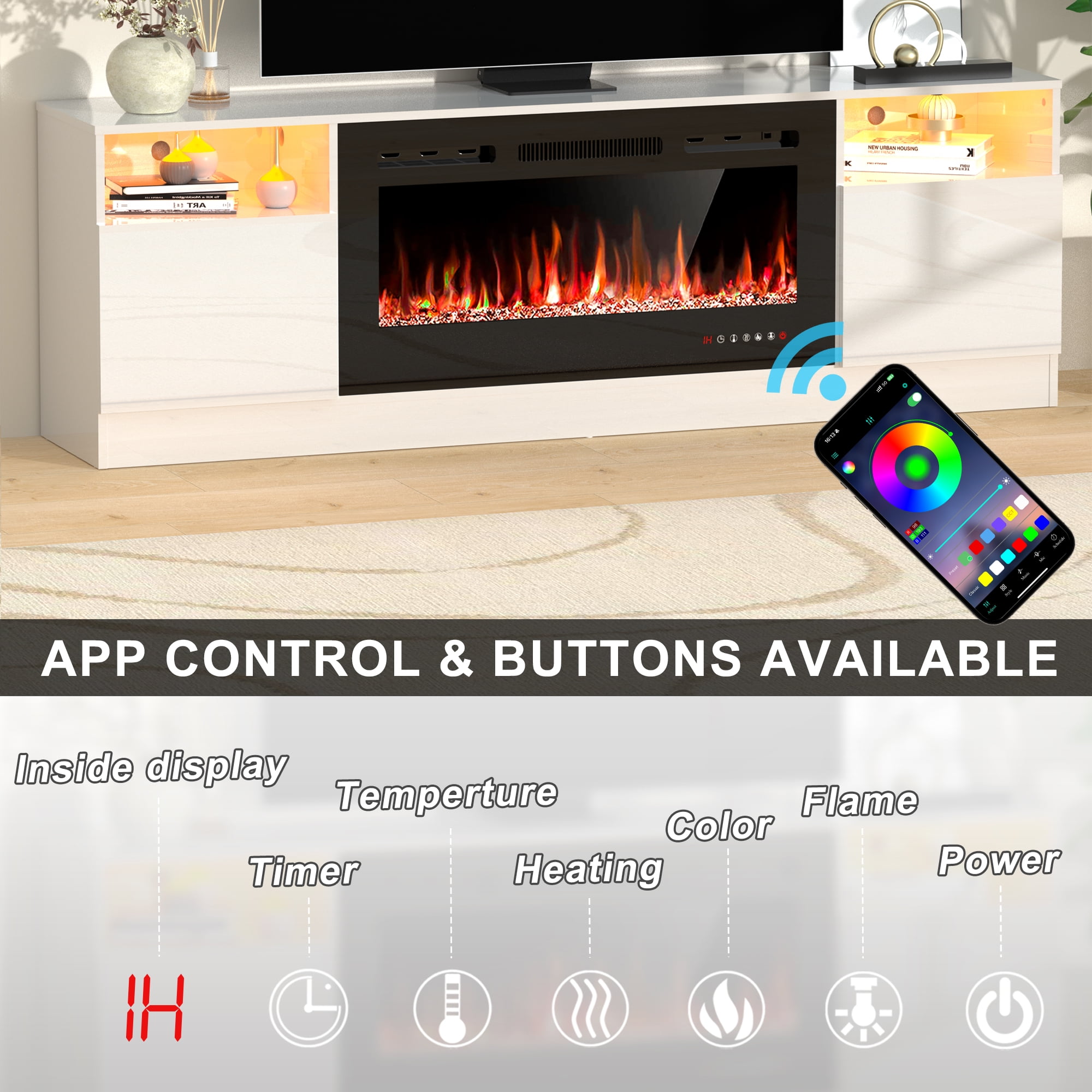 HARIPUL 70" Fireplace TV Stand for TVs Up to 80" with 36" Electric Fireplace, TV Console for The Living Room, LED Light Entertainment Center, Storage Cabinet, Media Console Table, White
