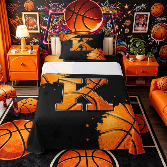 Castle Fairy Orange Basketball Initial K Twin Sheets 3pcs, Abstract Watercolor Splash Bedding, Black Orange,1 Fitted Sheet, 1 Flat Sheet and 1 Pillowcase