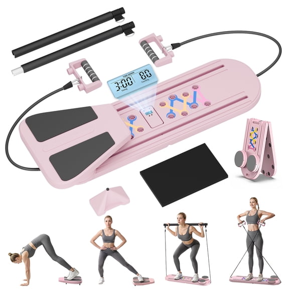 RICAN Foldable Pilates Board, Pilates Reformer Set, 15-in-1 Multifunctional Abdominal Board, Adjustable Push-Up Handles, Full Body Workout Equipment for Home, Pink