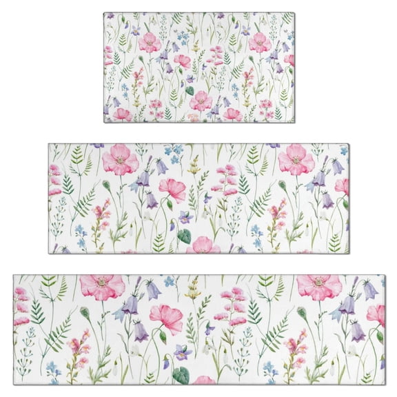 Pioneer Flower Floral Print Pattern Kitchen Rugs Sets Of 3,Kitchen Runner Rugs Non Skid Washable,Decorative Kitchen Floor Mats for Kitchen,Sink,Laundry,17"x30" 17"x47" 17"x59"