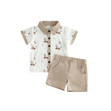 

wsevypo Toddler Boy Summer Clothes Set Cartoon Elk Print Short Sleeve Lapel Button Closure Shirt + Solid Color Shorts