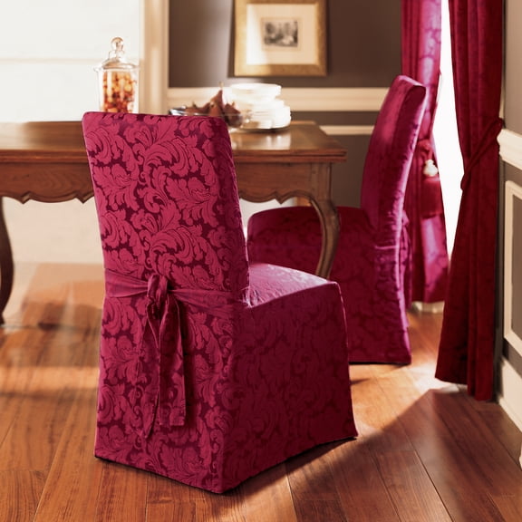SureFit Scroll Long Dining Chair Slipcover in Burgundy
