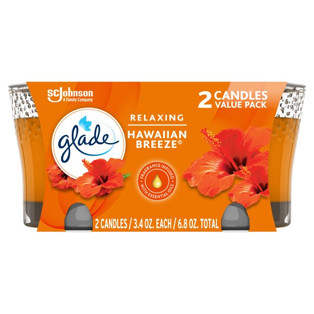 Glade Jar Candle 2 CT, Hawaiian Breeze, 6.8 OZ. Total, Air Freshener, Wax Infused with Essential