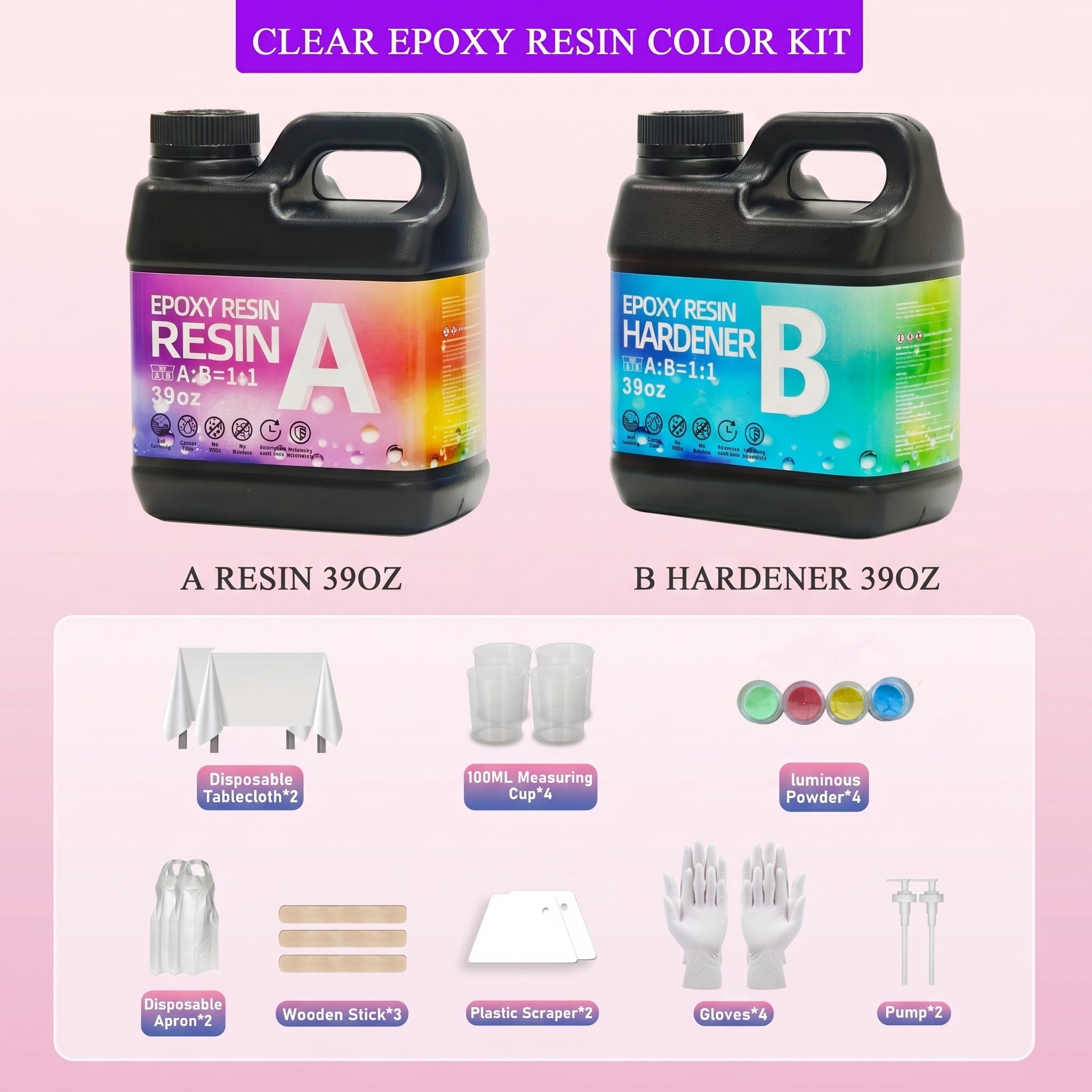 78oz Fast-Curing Epoxy Resin Kit, Clear AB Glue, 4 Colors Glow-in-the-Dark Powder, 1:1 Mix, Bubble-Free & Non-Yellowing, With Pump & Tools, Ideal Gift For Mother's Day & Graduation