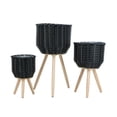 thumbnail image 2 of Set of 3 Poly Rattan Planter Baskets with Wooden Legs, Black Rope Textured Indoor Outdoor Planters for Living Room Corner Entryway, 2 of 6