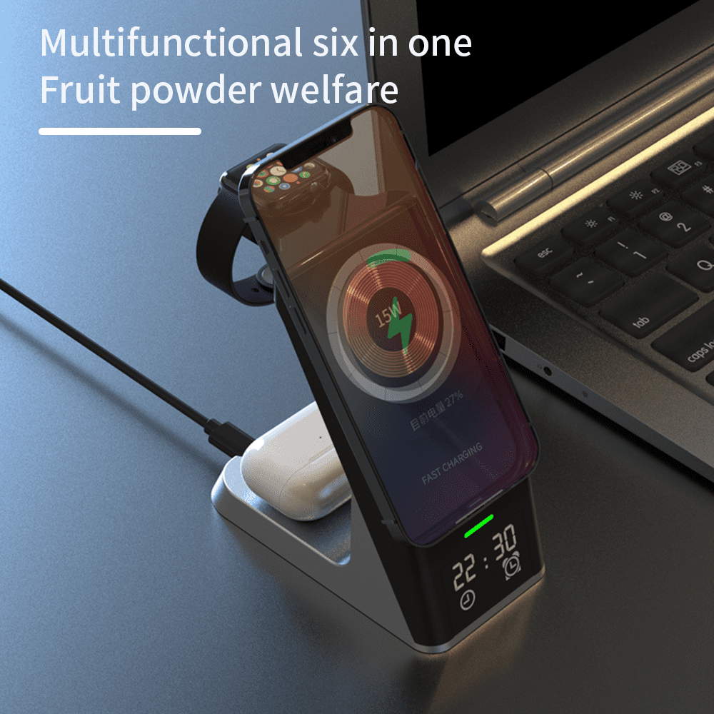 H27 6-in-1 Magnetic Wireless Charging Station with Digital Alarm Clock, 15W Transparent Fast Charger for iPhone 17 16 15 14 13 12, Apple Watch, AirPods, and Extra USB Port