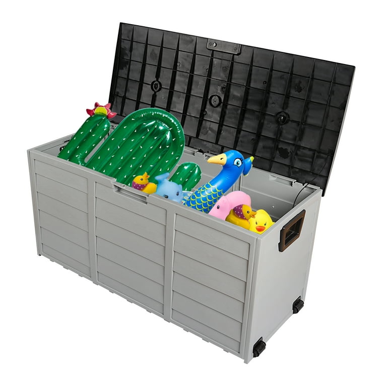 Outdoor Deck Box, 75 Gallon Small Garden Storage Box with Wheels and Seat, Patio Storage Box for Cushions, Garden Tools and Pool Toys, Waterproof