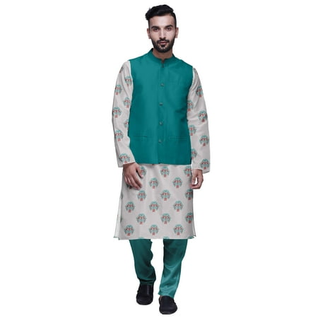 

Atasi Mandarin Collar Traditional Kurta Pajama With Solid Jacket Set For Mens