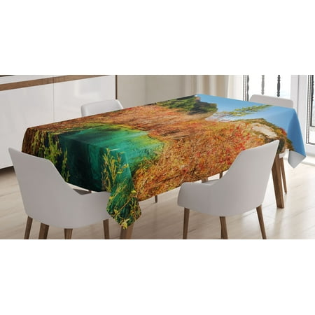 Rectangular Amber Ring - Nature Decor Tablecloth, Idyllic Fall Landscape with a Creek among Forest in National Park Valley Art, Rectangular Table Cover for Dining Room Kitchen, 60 X 84 Inches, Green Amber, by Ambesonne