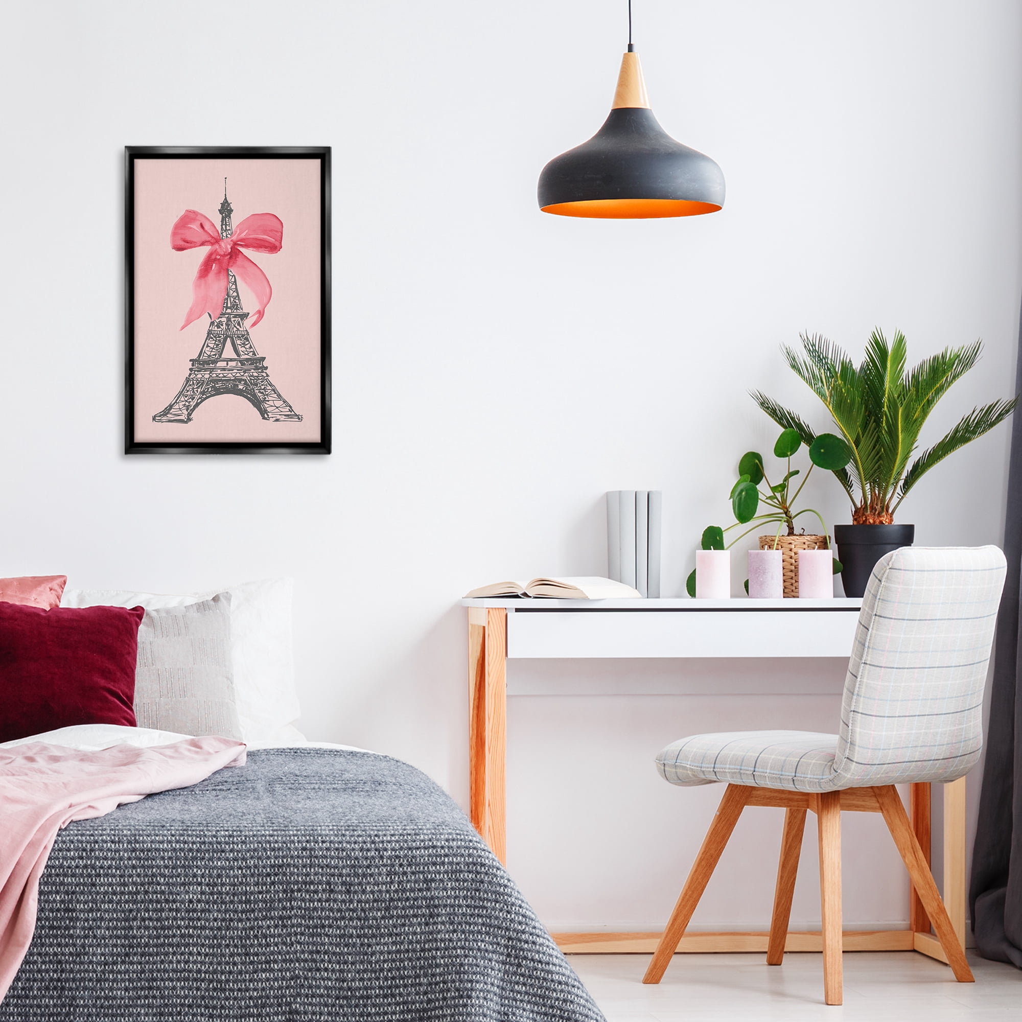 Stupell Industries Pink Bow on Eiffel Tower Buildings & Architecture Painting Black Floater Framed Canvas Art Print Wall Art, 17 x 25