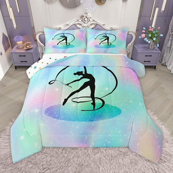 Homewish Kids Gymnastics Dancing Bedding Comforter Set,Gradient Blue Green Twin Comforter Sets,Kids Gymnast Sports Bedding Set For Girls,Breathable Home Decor Reversible,2 Pieces