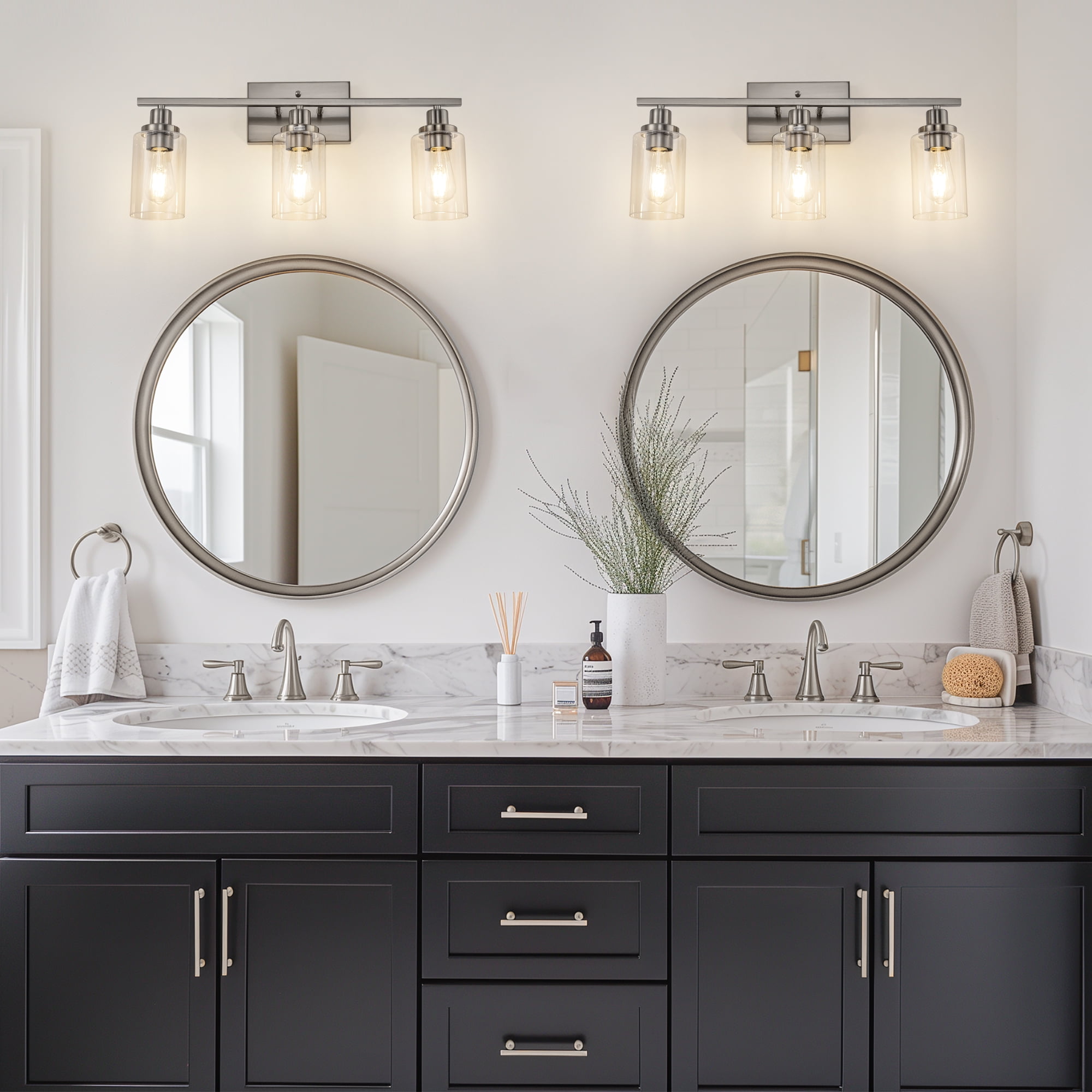 YANSUN 24 in 3-Light Industrial Brushed Nickel Vanity Light Fixtures for Bathroom with Clear Glass Shades, for Master Bath, Guest Bathroom, Powder Room or Bedroom