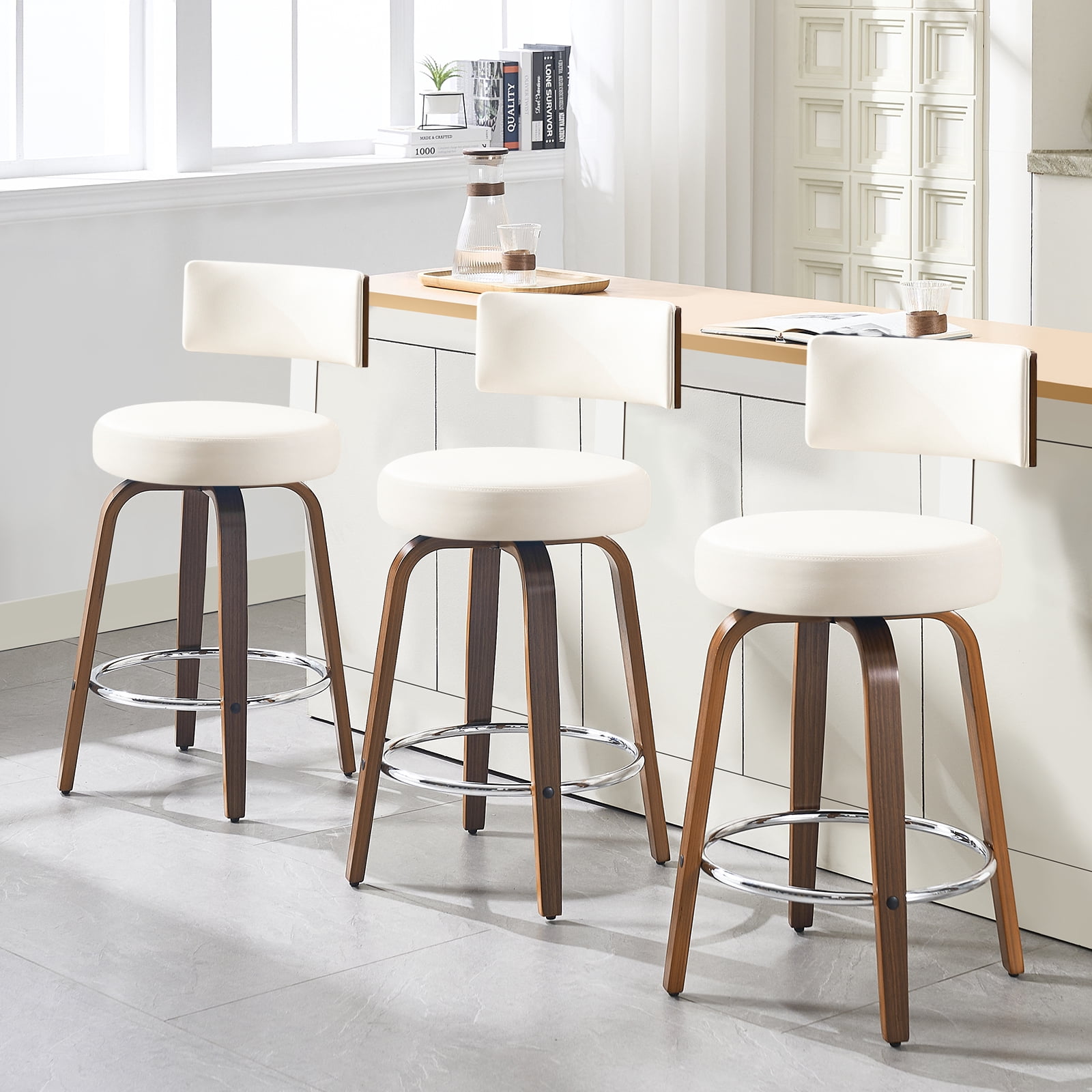 WOOW DEPOT PU Swivel Bar Stools Set of 2, 26" Seat Height Modern Upholstered Bar Chairs w/ Mid-back Round Seat Walnut Legs Leather Island Stools for Kitchen Counter