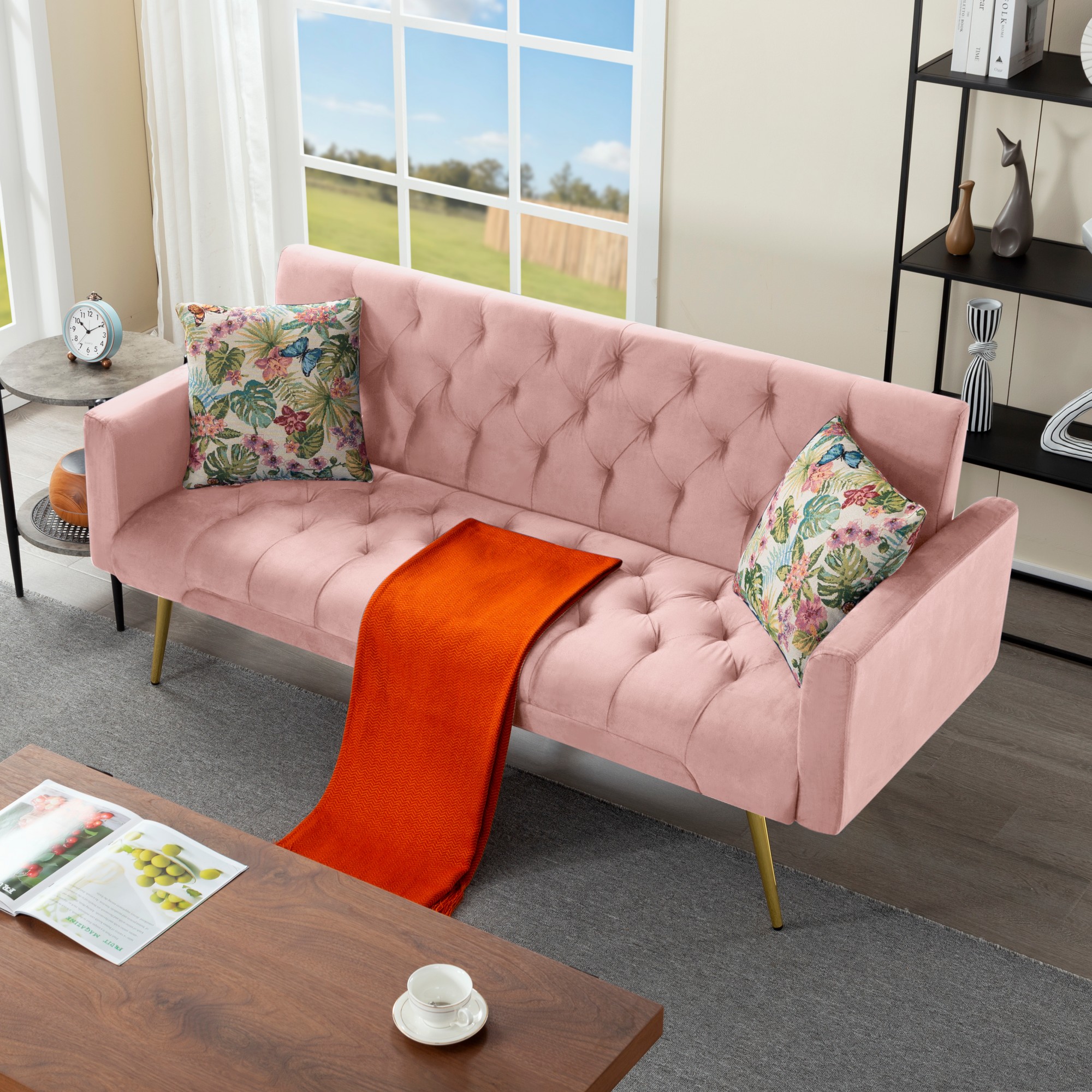 Gewnee Pink 68.31" Futon Sofa Bed, Solid Eucalyptus Wood Frame, Golden Metal Legs, 5 Adjustable Backrest, 2 Pillows for Home Office Guest Room