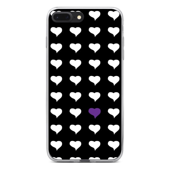 DistinctInk Clear Shockproof Hybrid Case for iPhone 7 PLUS / 8 PLUS (5.5" Screen) - TPU Bumper, Acrylic Back, Tempered Glass Screen Protector - Purple White Black Repeating Hearts