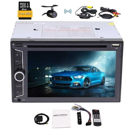 Wireless Gps With Backup Camera 3 types of UI optional + Double Din Car headunit Electronics DVD CD Player Support 1080P Video Bluetooth GPS Navigation Digital Capacitive Touch Screen with Free GPS map card + Wireless Backup Camera ()
