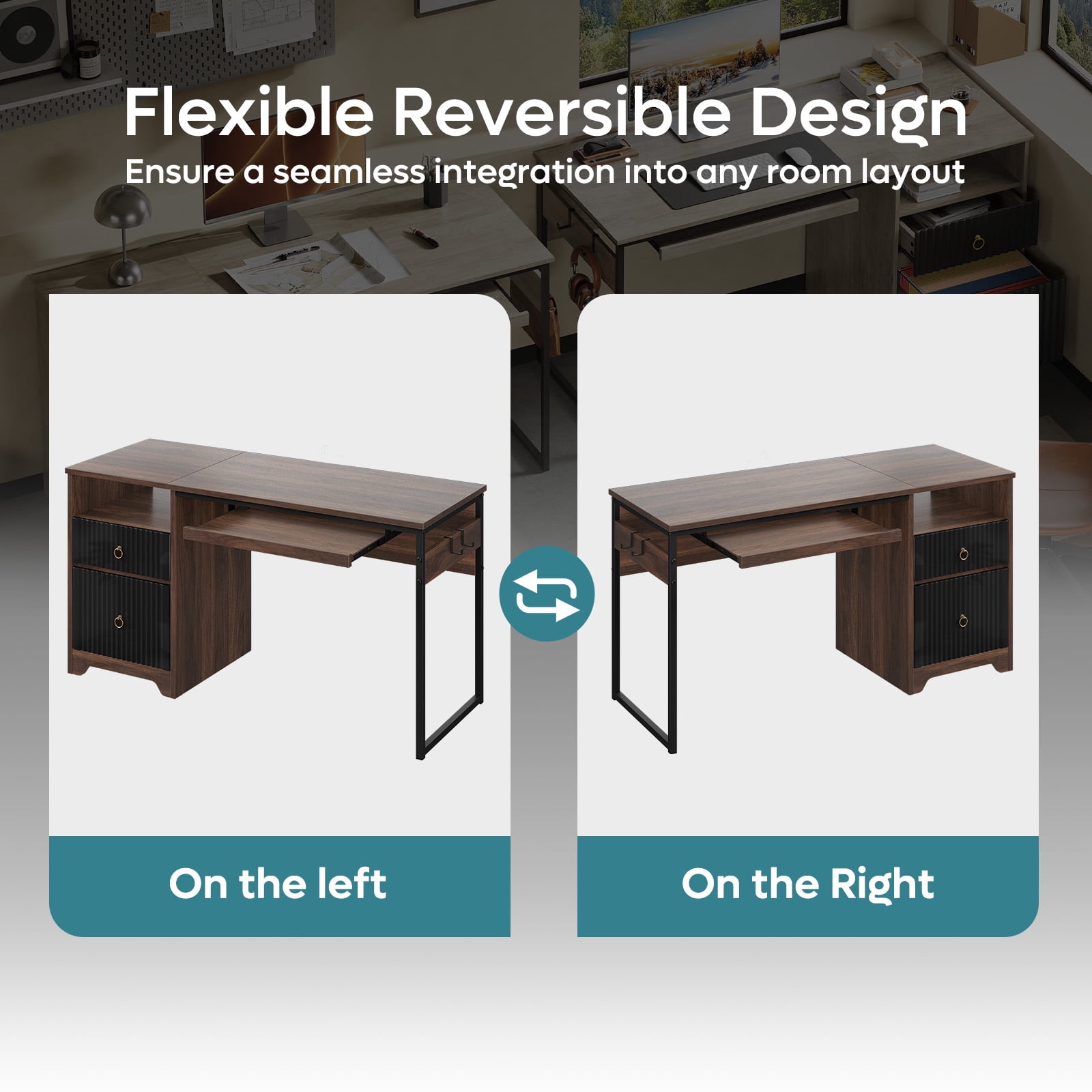 Bestier 55 Inch Office Desk with Drawers, Keyboard Tray, 2 Hooks, Modern Fluted Computer Desk for Home, Walnut