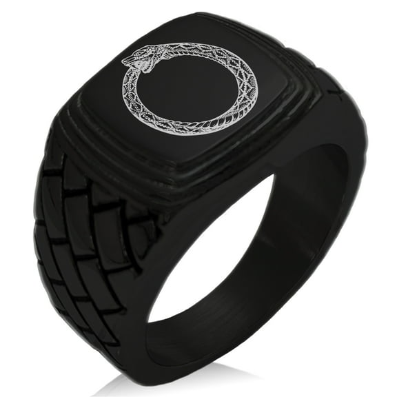 Stainless Steel Greek Mythology Ouroboros Geometric Pattern Step-Down Biker Style Polished Ring