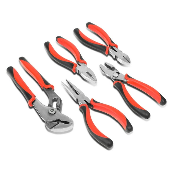 5 Piece Pliers Set - Durable Linesman Pliers Needle Nose Slip Joint Pliers Diagonal Cutter Groove Joint, Red/Black