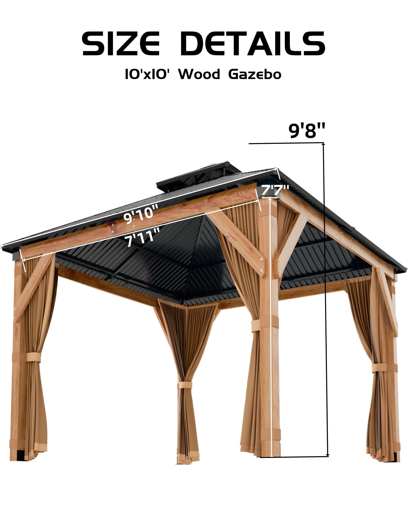 Garvee 10x10 ft Hardtop Gazebo with Nettings and Curtains, Wood Grain Heavy Duty Double Roof Galvanized Steel Outdoor Combined of Vertical Stripes Roof for Patio, Backyard, Deck, Lawns, Khaki