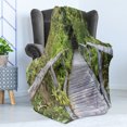 thumbnail image 4 of Wooden Bridge Soft Flannel Fleece Throw Blanket, Footpath Road Through Forest Outside Nature Park, Cozy Plush for Indoor and Outdoor Use, 50" x 60", Pale Ceil Blue Lime Green, by Ambesonne, 4 of 5