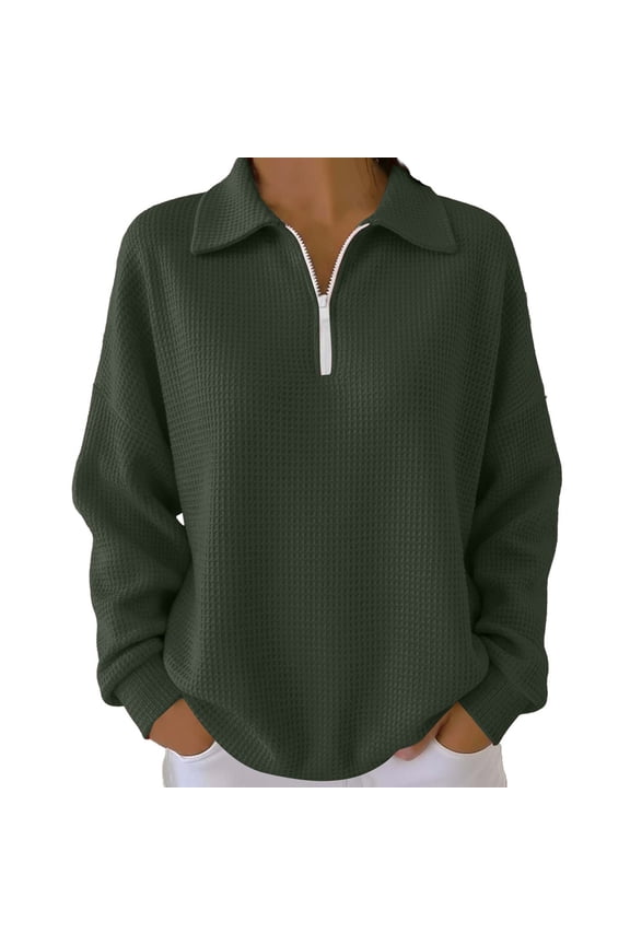 Women's Knit Top 1/4 Zip Pullover Textured Sweatshirt Long Sleeve Loose Fit Casual Tunic Tops