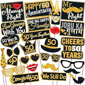 50th Anniversary Photo Booth Party Props DIY Kit, Golden Glitter & Black , Anniversary Party Decoration