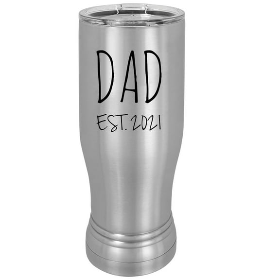 Dad Est. 2021 Established 14 oz Silver Stainless Steel Double-Walled Insulated Pilsner Beer Coffee Mug with Clear Lid
