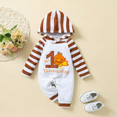 

NIUREDLTD Baby Girls Boys Striped Thanksgiving Turkey Autumn Hooded Long Sleeve Romper Jumpsuit Clothes