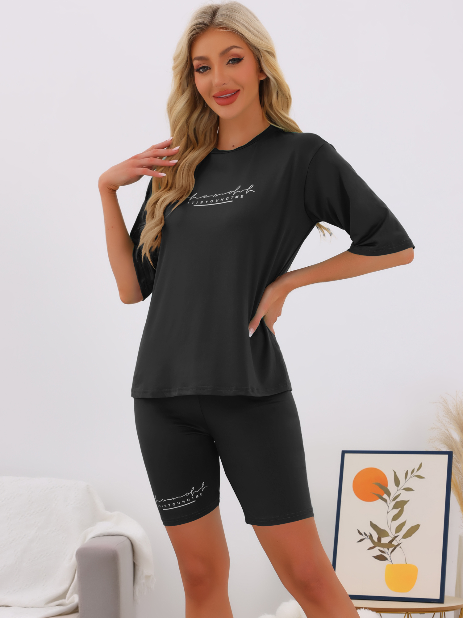 DARING DIVA Womens 2 Pieces Biker Shorts Set Outfits T-Shirt Lounge Wear XL Black