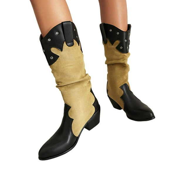 Vintage Cowboy Boots for Women Wide Calf Fashion Suede Cowgirl Booties Patchwork Western Pointed Toe Knee High Riding Boots Green Size 6.5