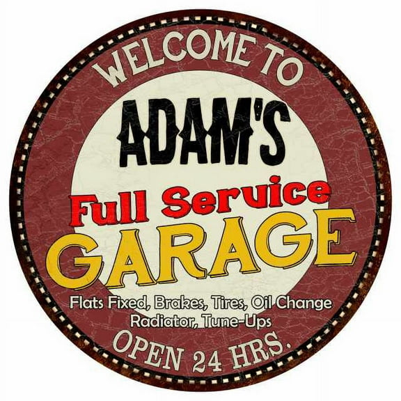 Adam's Full Service Garage 12" Round Metal Sign Man Cave Décor 200120037034