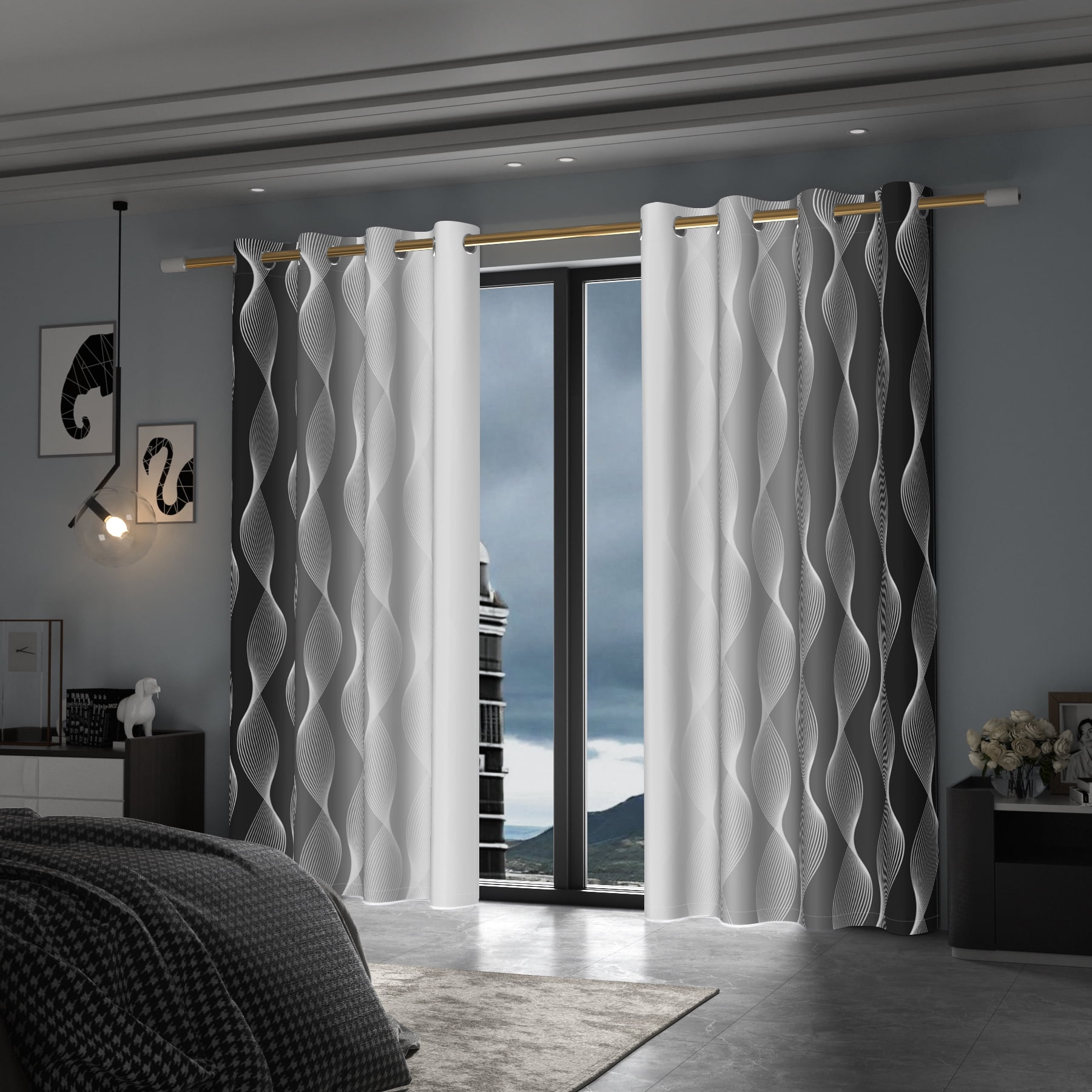 Lfeey Black and White Textured Blackout Curtains for Bedroom 84 inch Long, Insulated Grommet Curtains, 2 Panel
