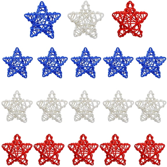 LAMIRO 18 Pieces 4th of July Star Shaped Rattan Balls Decoration,Red White and Blue Decorative Hanging Wicker Balls for Patriotic Independence Day Home Decor Vase Bowl Filler Ornament Decoration