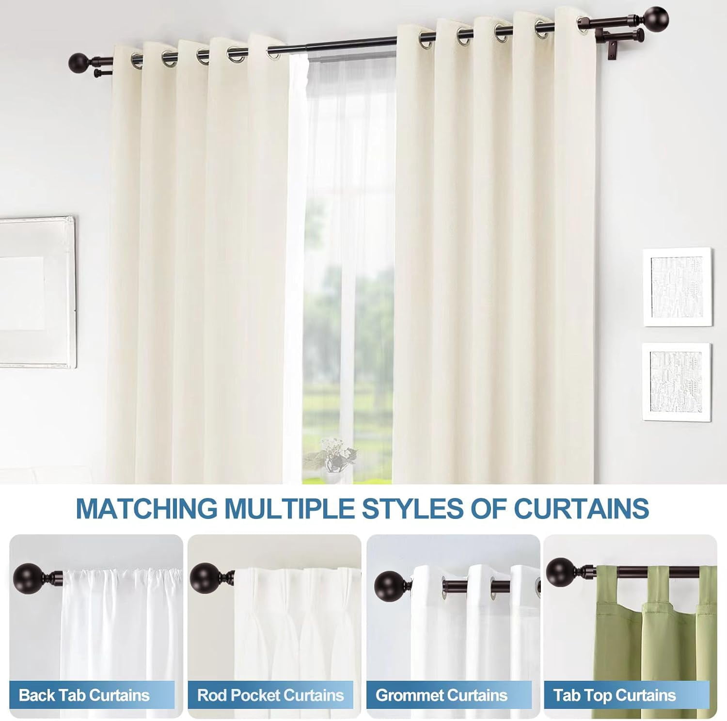 Urbanest Adjustable Double Curtain Rod Set Steel Ball Flat Button Finials – 1″ Front & 5/8 Back Rod With Bronze Rod, 84–120 Inches