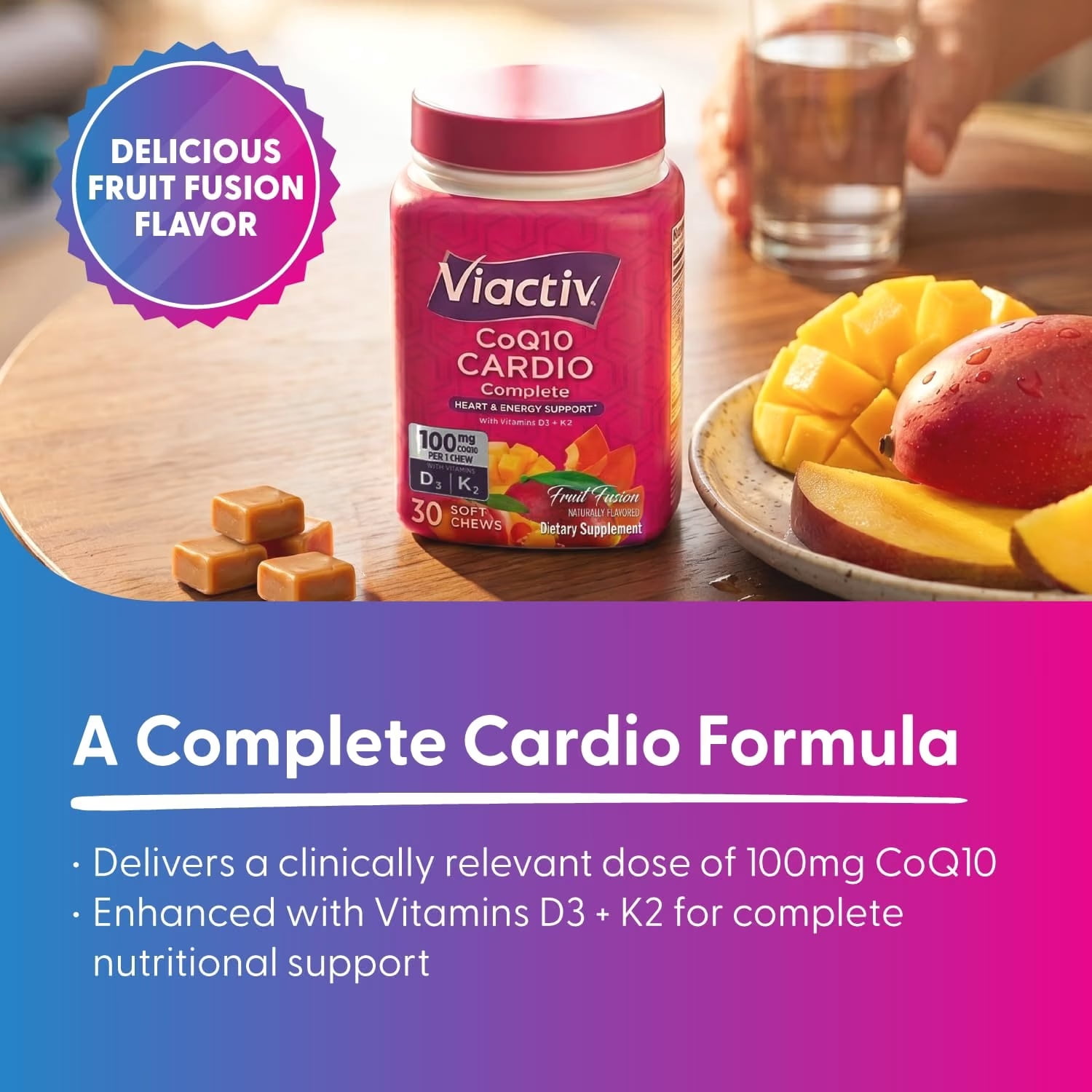 Viactiv CoQ10 Cardio Complete With Vitamins D3 + K2, Fruit Fusion, 30 Soft Chews