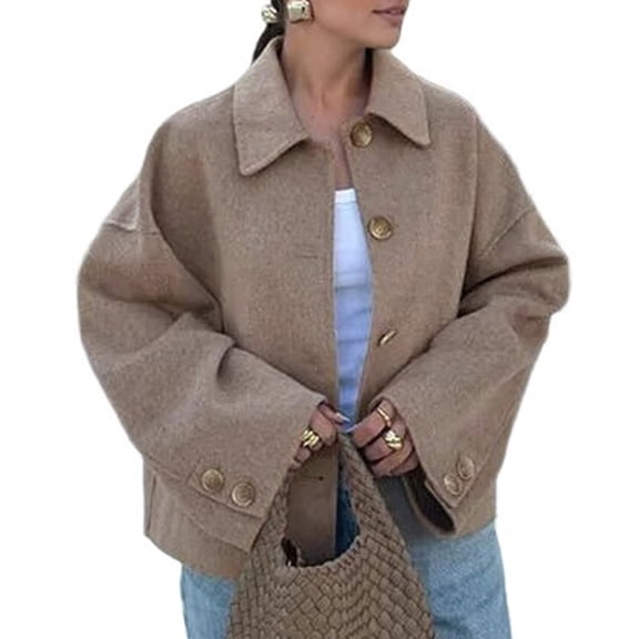 Womens Cropped Pea Coat Casual Button Down Short Jackets Fall Winter Outerwear Brown XS