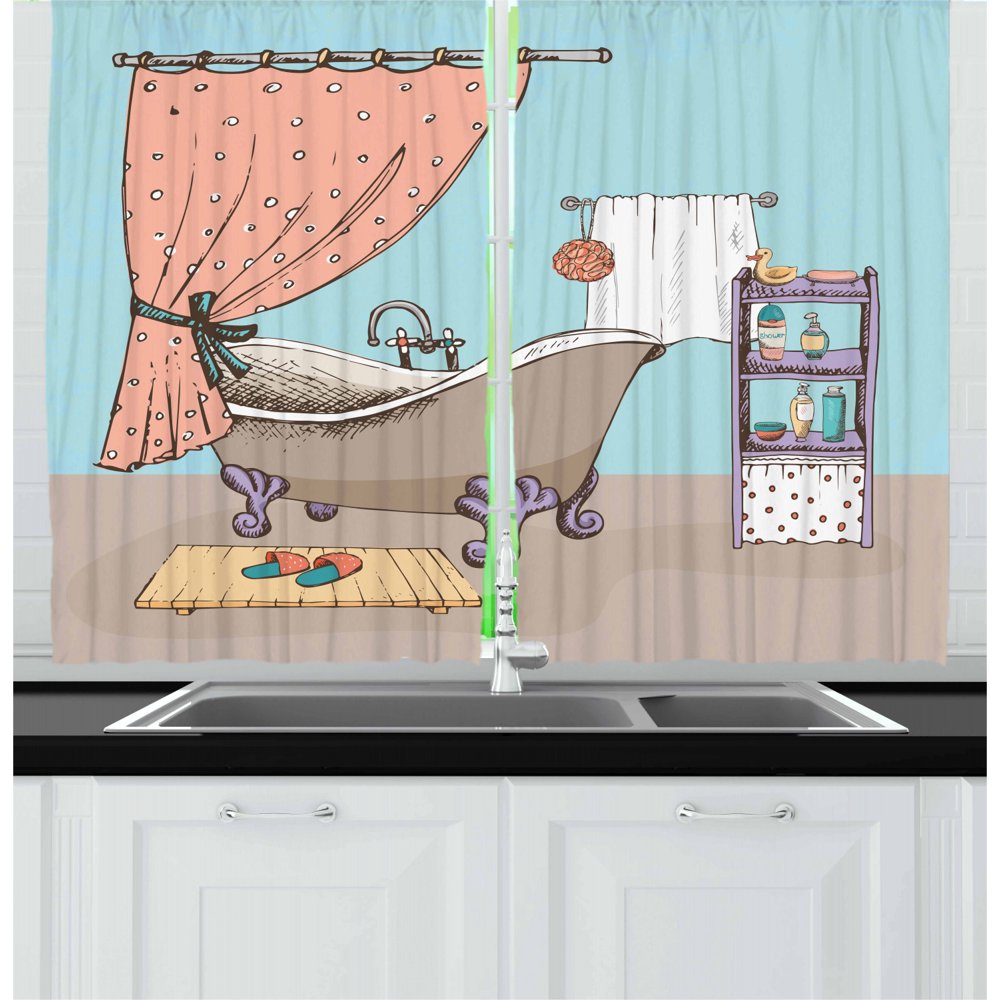 Cartoon Curtains 2 Panels Set, Cartoon Style Bathroom Design Shower Tub