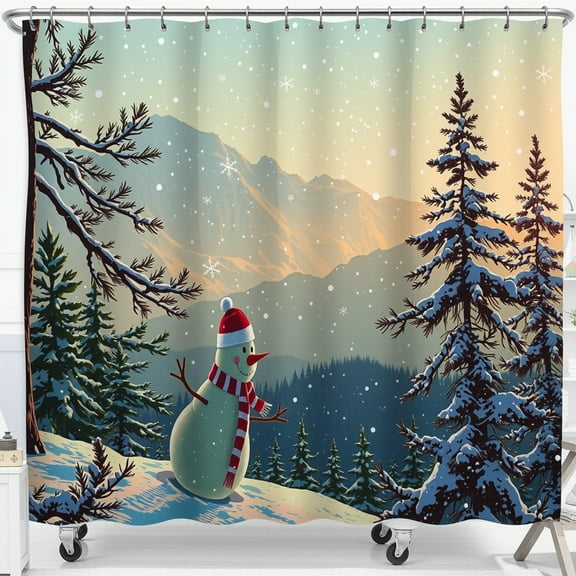 Serene Winter Scene Shower Curtain - Cozy Snowy Landscape with Snowman