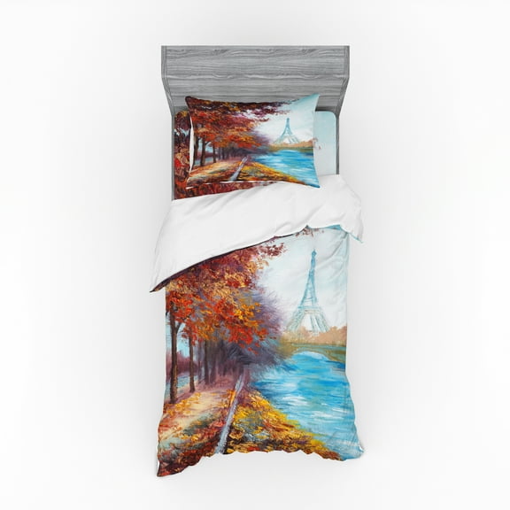 Art Duvet Cover Set, Eiffel Tower View from Seine River in Autumn Romantic Paris Day in Fall Cityscape Print, Bedding Set with Shams and Fitted Sheet, 3 Sizes, by Ambesonne