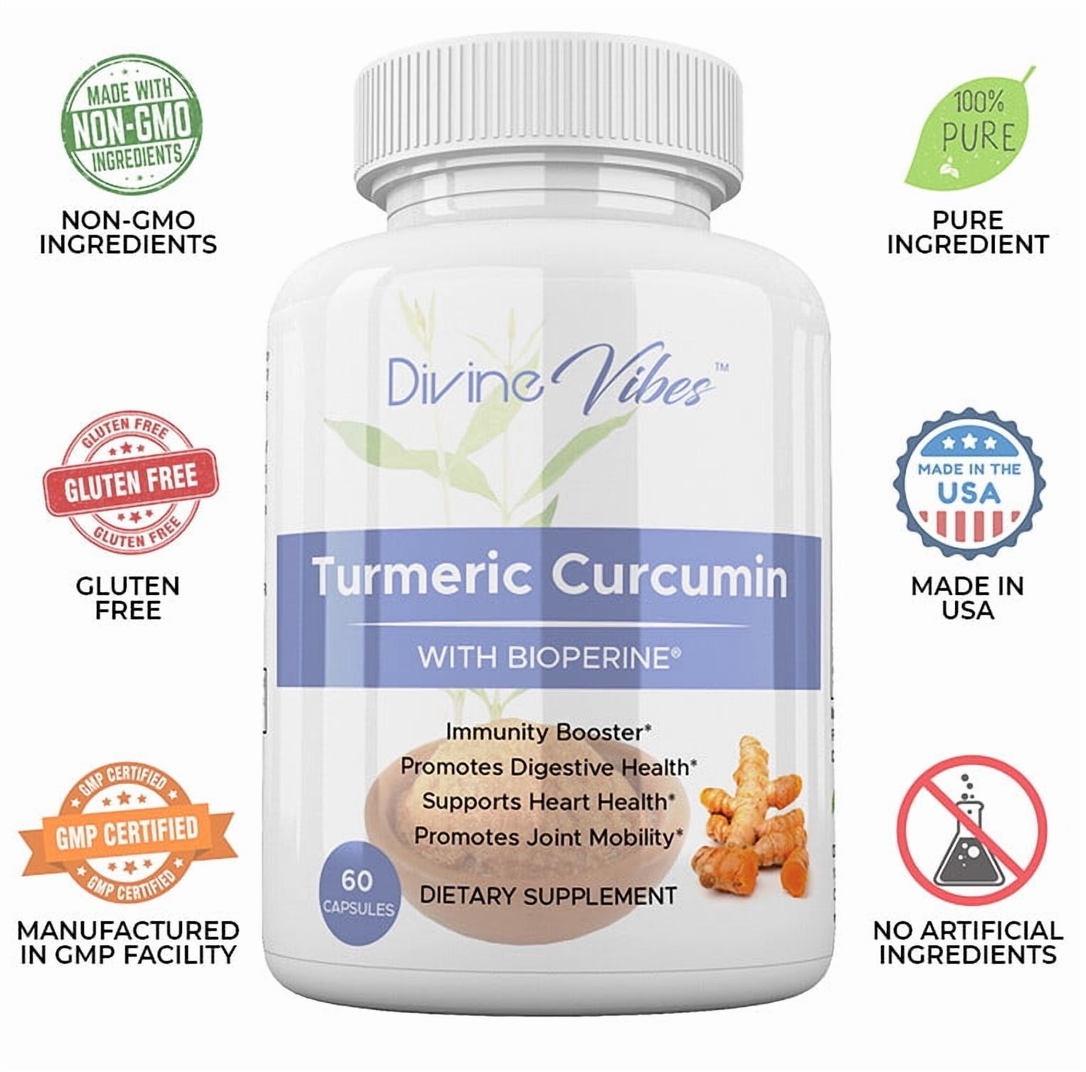 Divine Vibes Turmeric Curcumin with BioPerine® Black Pepper Extract – 95% Curcuminoids, Supports Joint, Heart & Digestive Health, Non-GMO, Gluten-Free, 60 Capsules, Made in USA