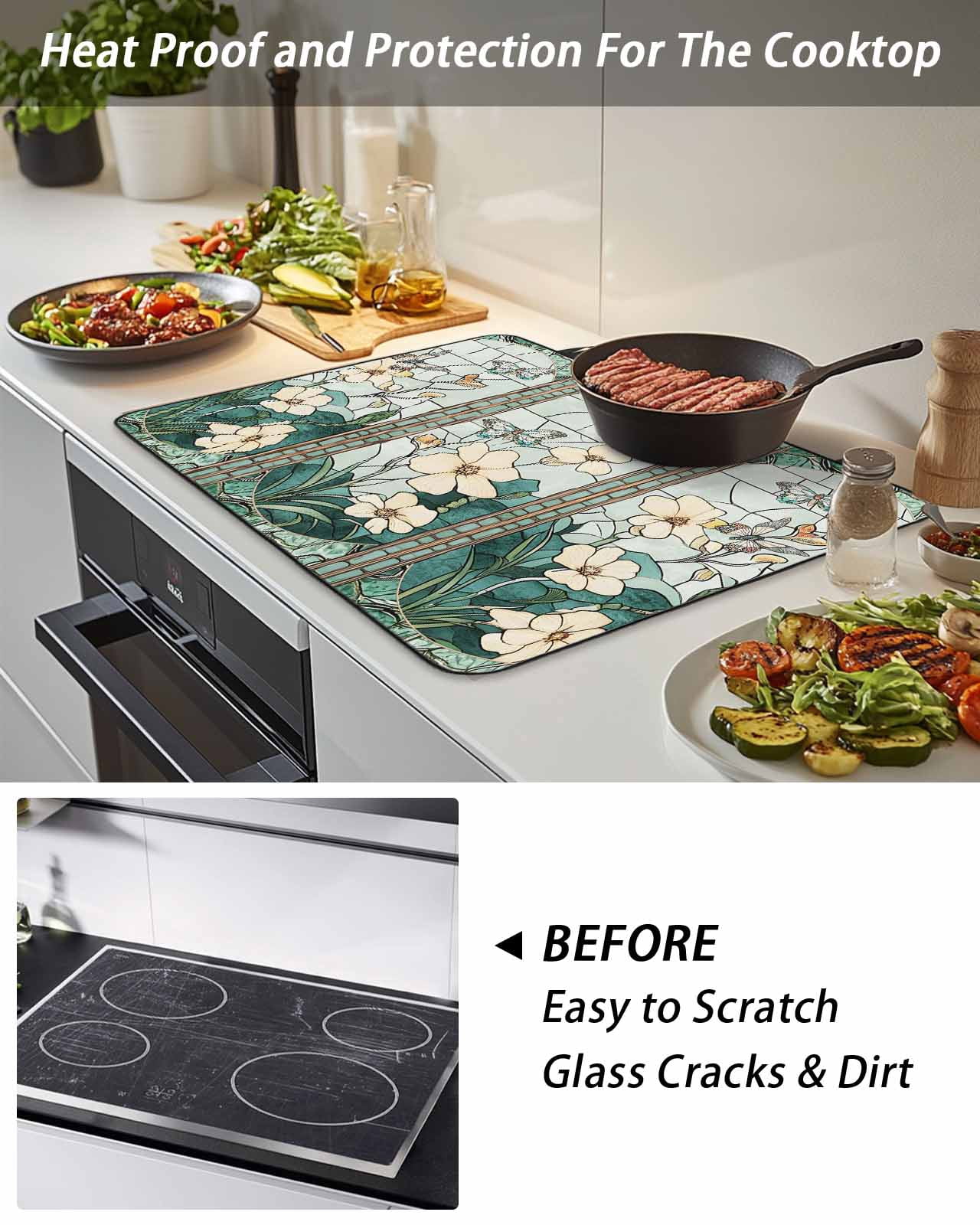 Stove Top Covers for Electric Stove, Spring Glass Stovetop Cover Protector, Butterfly Summer Botanical Flower Induction Cooktop Protector Oven Mat for Kitchen Countertop 24"x21"