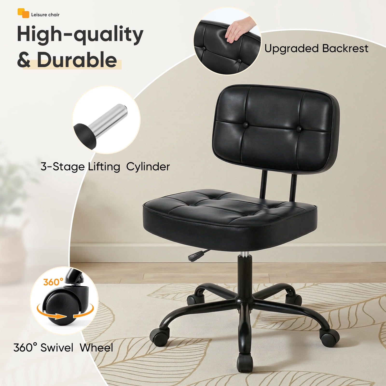 Gianna Ergonomic PU Leather Desk Chair, Armless Rolling Chair with Thickened Cushion for Small Spaces