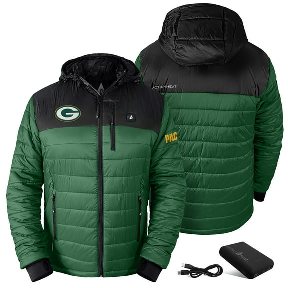 Men's ActionHeat Green Green Bay Packers 5V Battery Heated Insulated Puffer Full-Zip Hoodie Jacket
